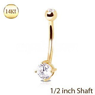 14Kt Yellow Gold 1/2" Navel Ring with Clear Round Prong Set CZ by Fashion Hut Jewelry